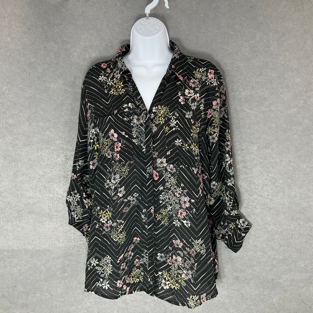 Maurices Top Floral Chevron Print 3/4 Sleeve Button Up Blouse Sz XL